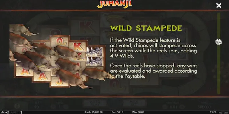 cách chơi game Jumanji Slots bằng chức năng Wild Stampede